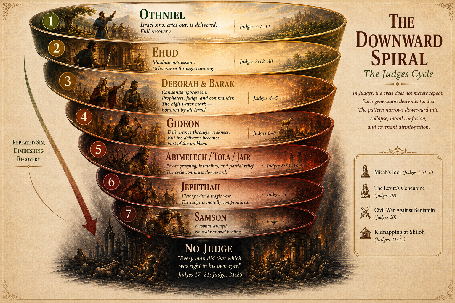 The Downward Spiral — The Judges Cycle: Seven cycles of apostasy from Othniel through Samson, each generation descending further