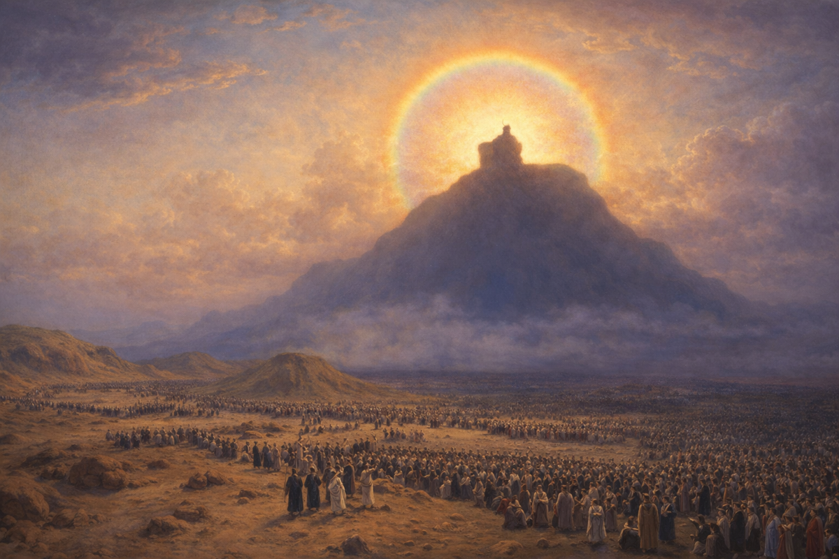 Moses on Mount Sinai — the nation of Israel gathered at the base of the mountain as a rainbow halo of divine light crowns the summit