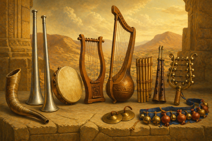 The ten biblical instruments of Israel: shofar, chatsotsrah, tof, kinnor, nevel, ugav, halil, metsiltayim, mena'an'im, and pa'amon with pomegranates