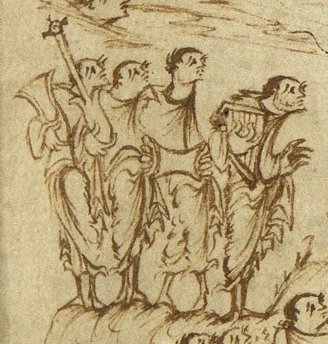 Medieval manuscript depicting musicians with frame drums and other instruments