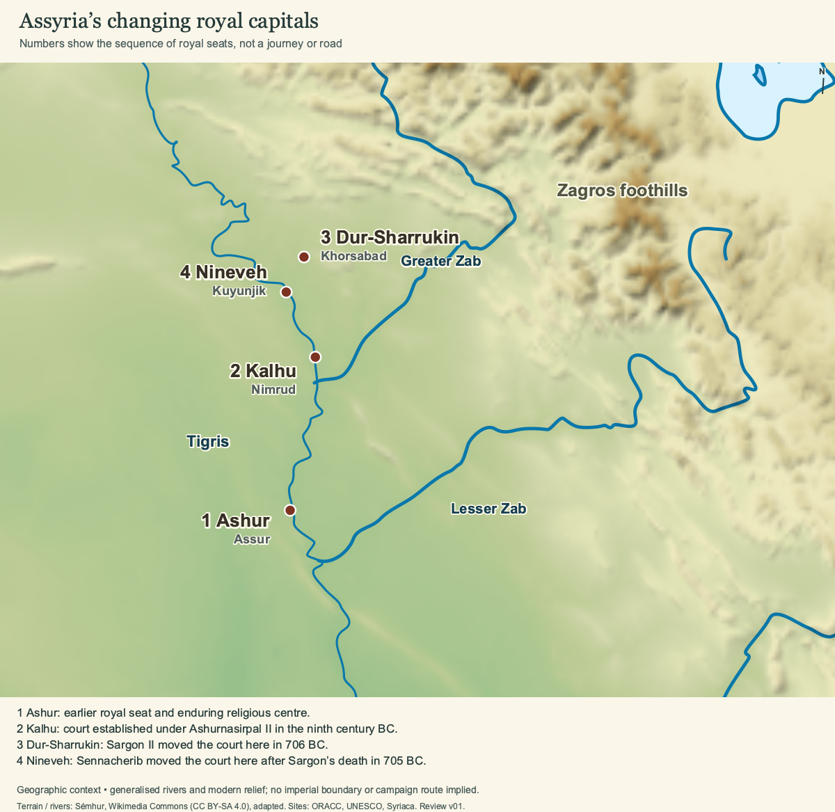 Four successive royal capitals: Ashur, Kalhu, Dur-Sharrukin and Nineveh, located along and near the Tigris