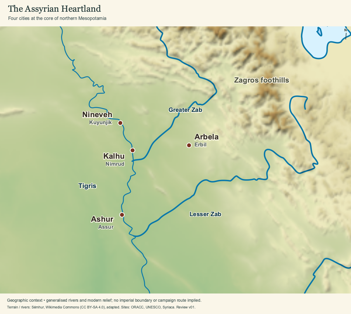 Ashur, Nineveh, Kalhu and Arbela, with the Tigris and the Greater and Lesser Zab. Dots locate sites; river lines do not establish exact ancient banks.