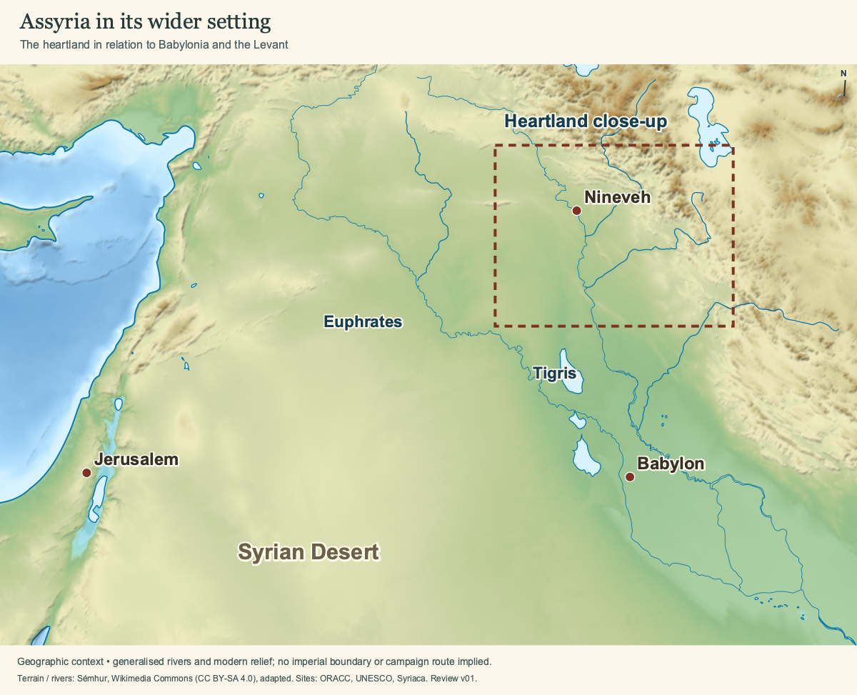 The Assyrian heartland in relation to Babylon and Jerusalem. The dashed box marks the close-up map’s coverage, not an imperial boundary. No particular campaign route is depicted.