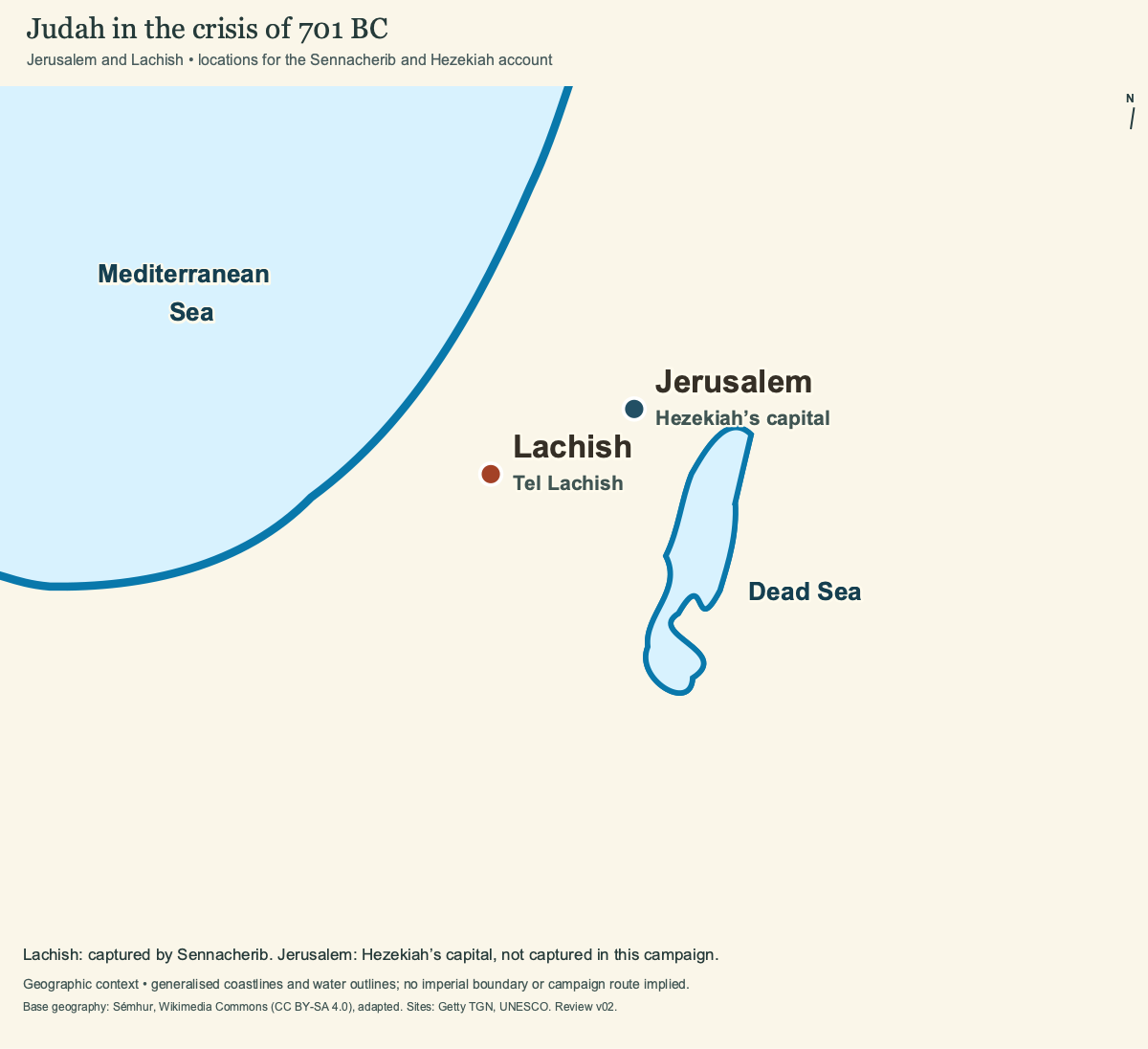Jerusalem northeast of Lachish in Judah; Lachish was captured in 701 BC, while Jerusalem was not