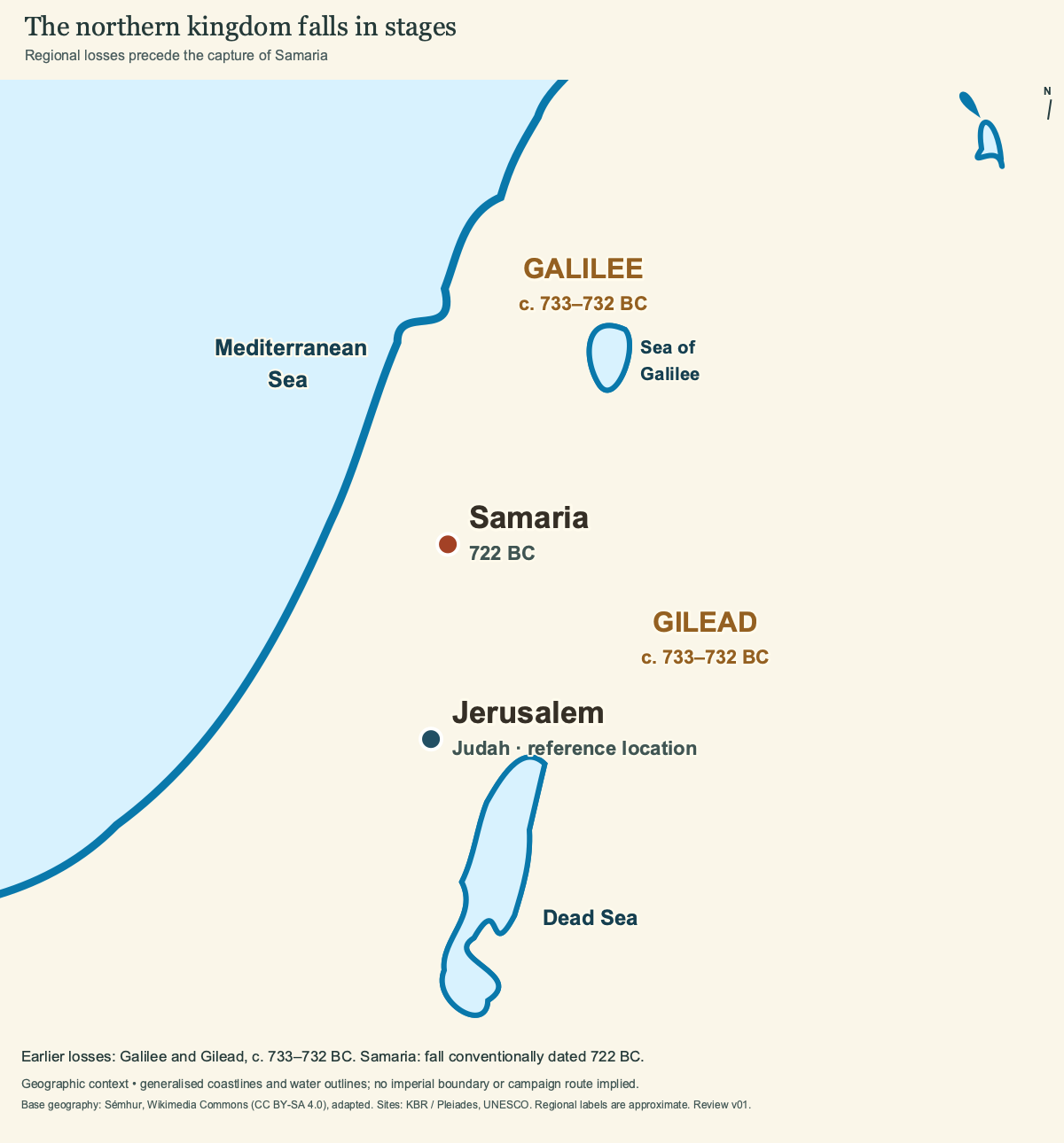 Galilee and Gilead: earlier losses around 733–732 BC; Samaria: the later fall conventionally dated 722 BC; Jerusalem shown for reference