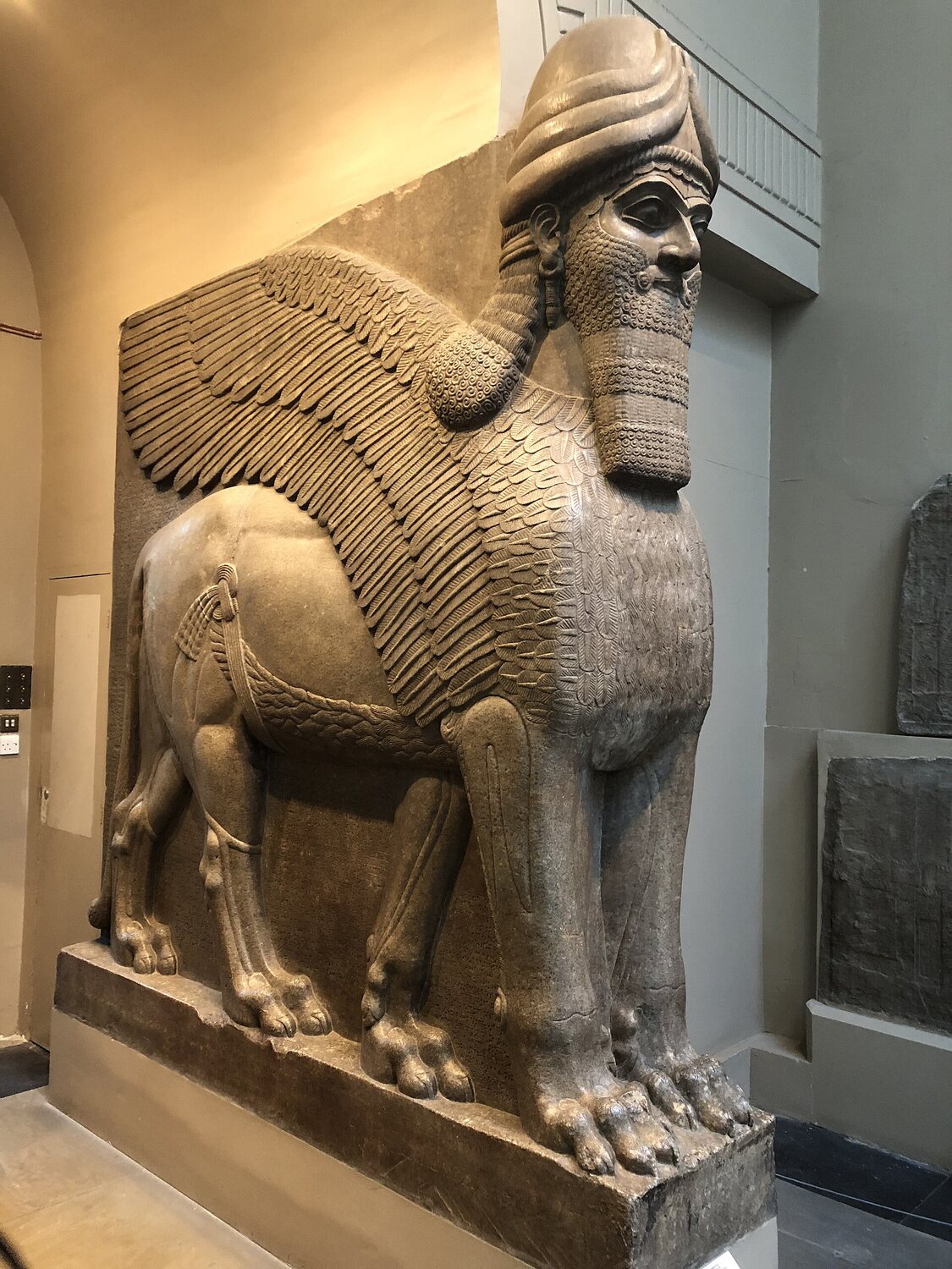 An Assyrian lamassu, a winged human-headed bull
