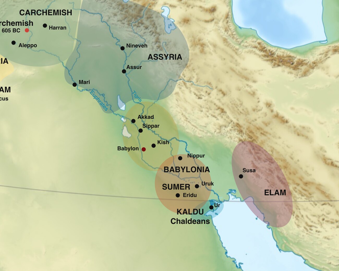 Map of Mesopotamia showing Assyria on the upper Tigris; Akkad, Babylonia and Sumer along the lower Euphrates; Kaldu at the Gulf; and Elam across the Tigris