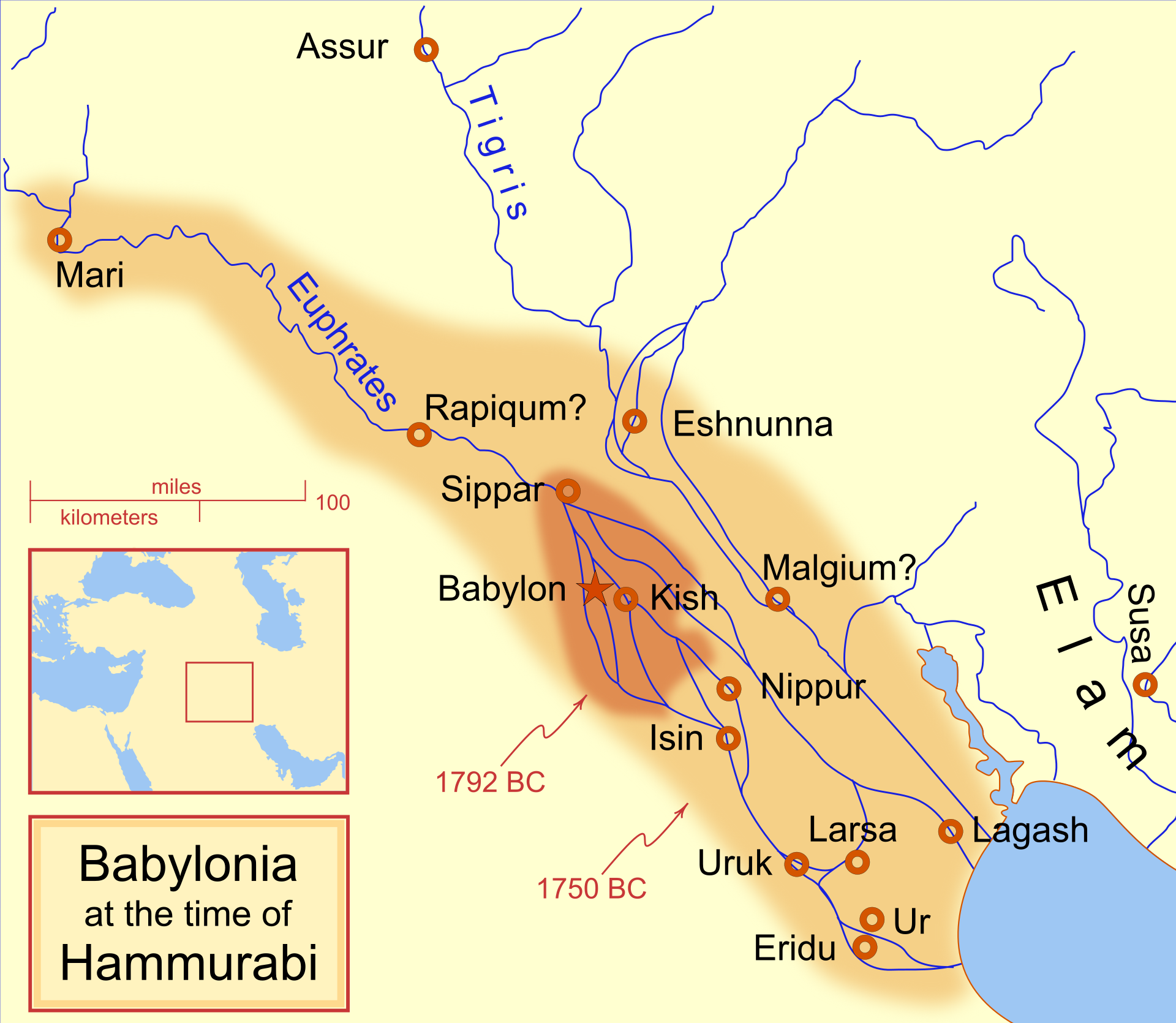 Map of Babylonia and its cities at the time of Hammurabi, with his conquests marked