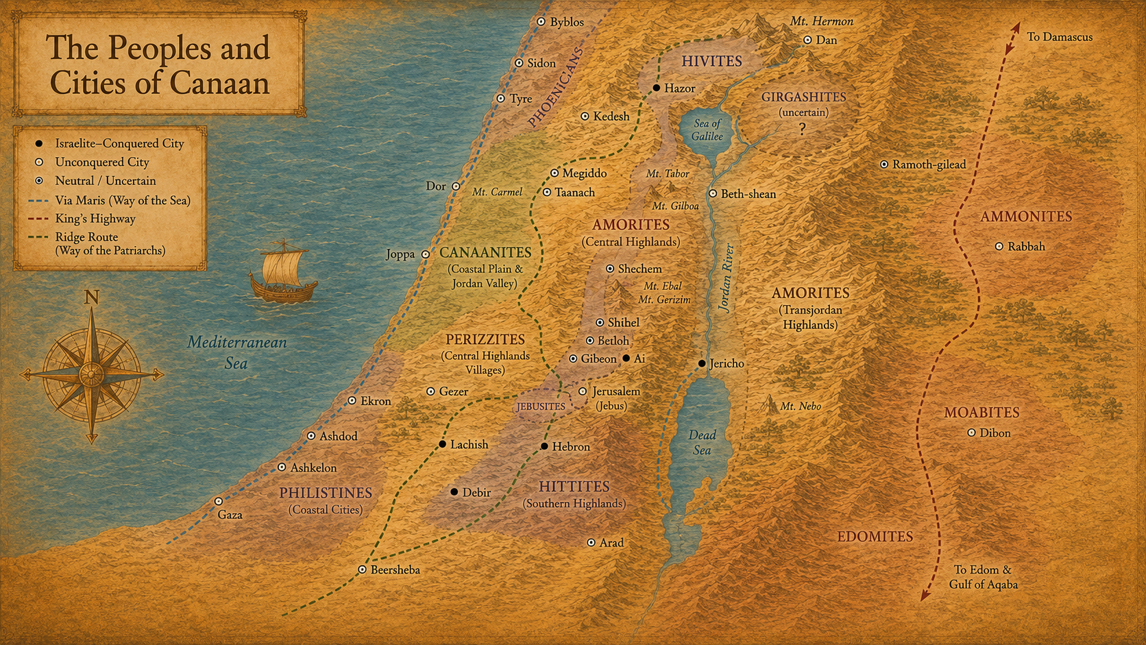 Map of the Seven Nations of Canaan showing the territories of the Hittites, Girgashites, Amorites, Canaanites, Perizzites, Hivites, and Jebusites, with major cities and trade routes