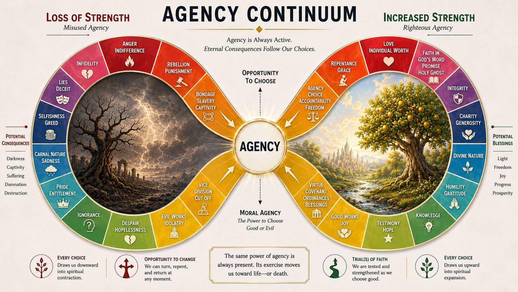 The Agency Continuum — misused agency leading to loss of strength vs. righteous agency leading to increased strength, with the power to choose always at the center