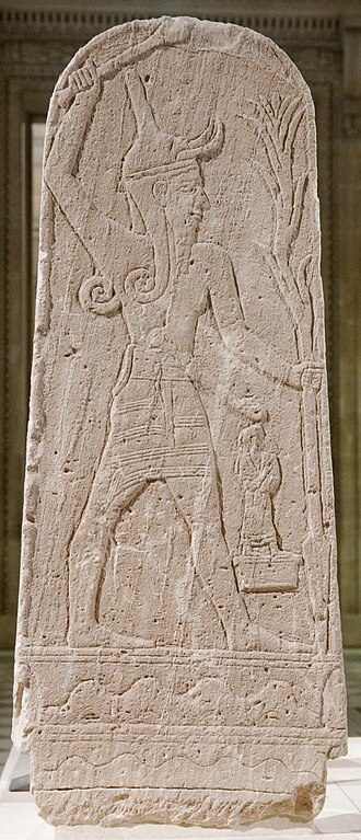 Baal with Thunderbolt — limestone stele from Ugarit, 15th century BC, Louvre Museum