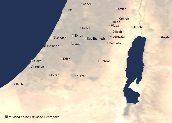 Map of the Philistine Pentapolis showing Gaza, Ashkelon, Ashdod, Ekron, and Gath