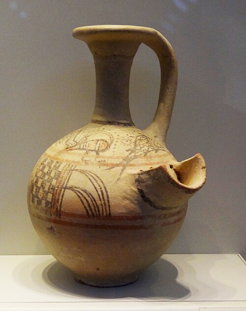 Philistine beer jug from Tel Eton with birds, fish, and geometric motifs