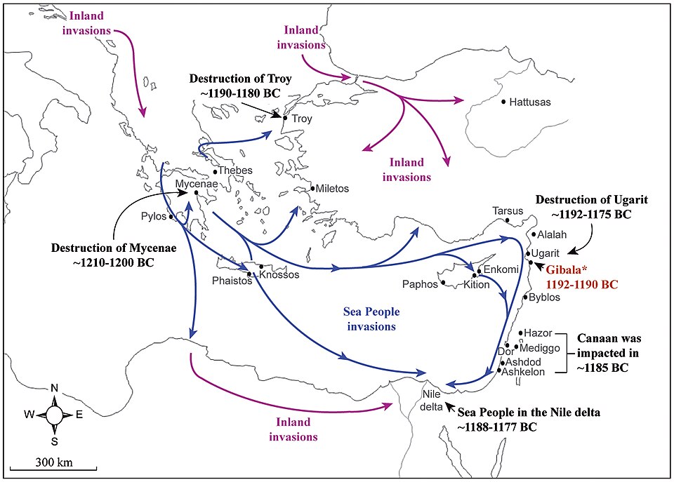Map of Sea Peoples invasion routes across the Aegean and Eastern Mediterranean