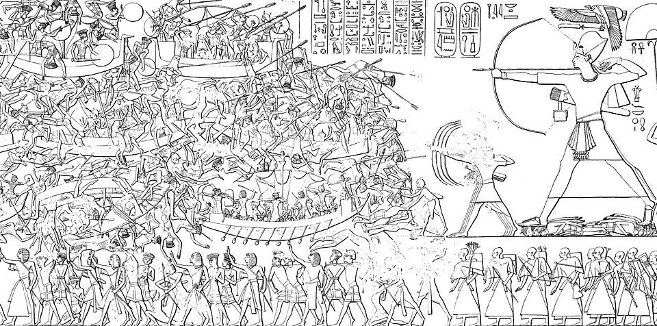 Drawing of the Medinet Habu relief showing Ramesses III defeating the Sea Peoples in a naval battle