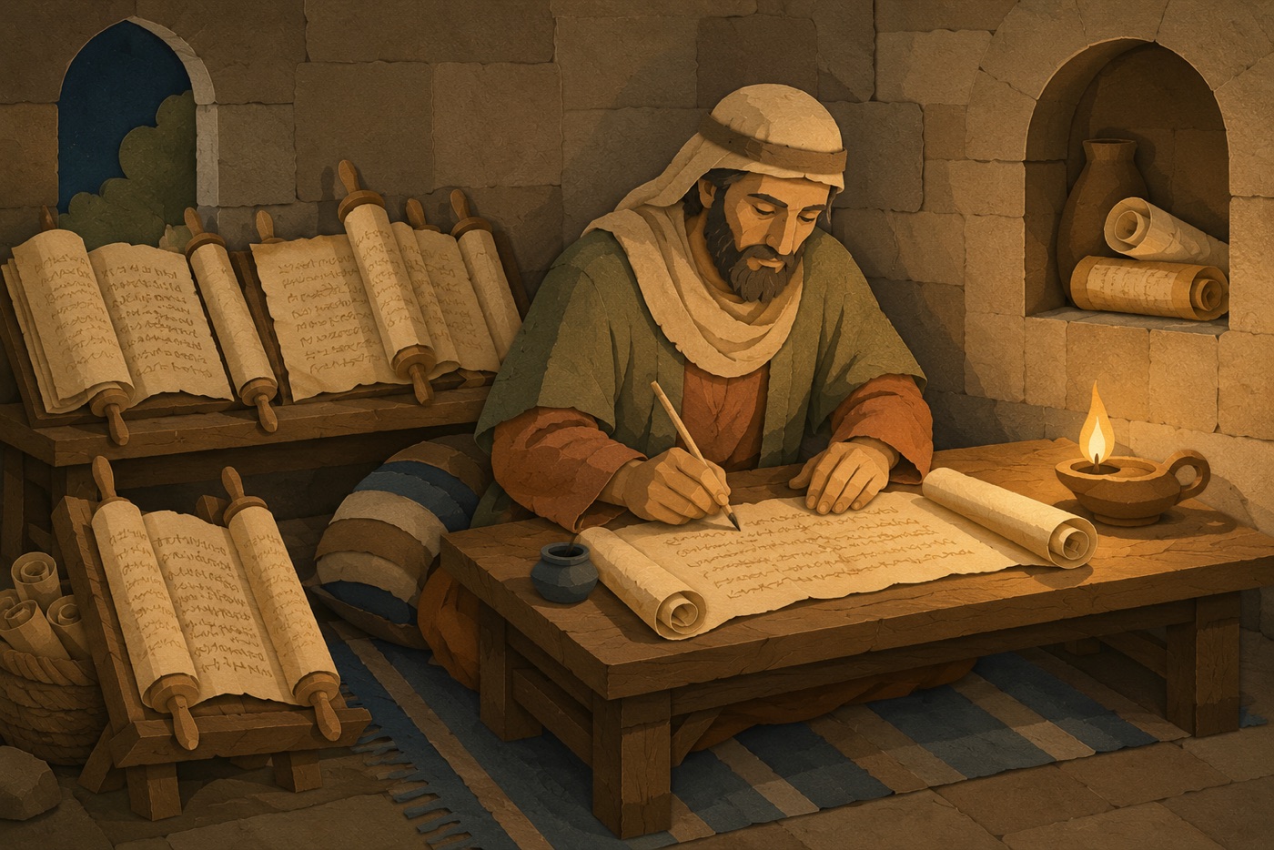 An ancient Hebrew scribe seated by lamplight at a low table, copying from several open scrolls onto one long scroll, a clay oil lamp glowing beside him