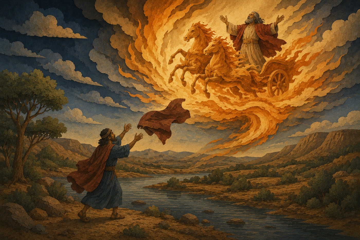 Elijah swept up in a whirlwind of fire with horses and a chariot of flame, arms raised, while below by the Jordan the younger prophet Elisha reaches up as Elijah's mantle falls toward him