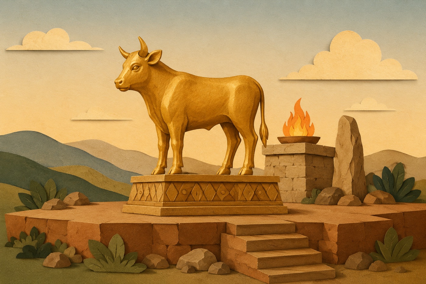 A golden calf idol standing on a carved stone pedestal at an open-air hilltop shrine, with a stone altar and flame and a standing stone beside it, hills in the background