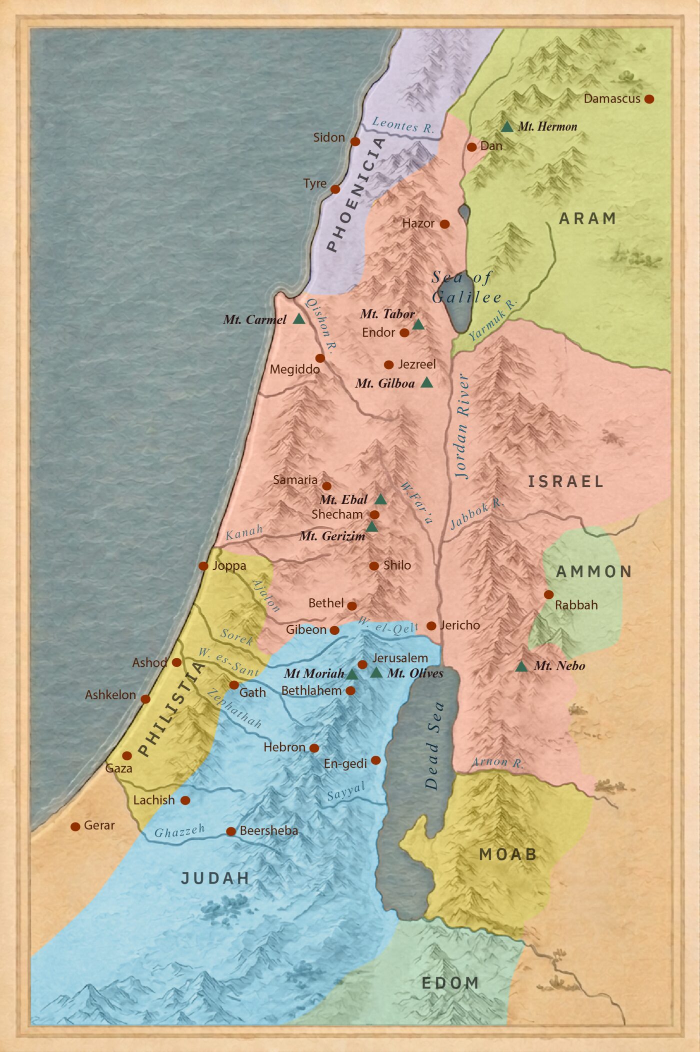 Relief map of the divided monarchy: the northern Kingdom of Israel and the southern Kingdom of Judah, with cities including Dan, Bethel, Samaria, Shechem, Jerusalem, and Hebron, the Jordan River, the Sea of Galilee and Dead Sea, and the neighboring nations of Phoenicia, Aram, Ammon, Moab, Edom, and Philistia. Golden-calf shrine markers are placed at Dan in the north and Bethel in the south.