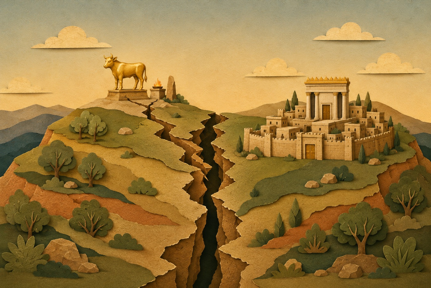 A hilltop land split by a deep chasm: on the left a golden calf idol on a pedestal beside an altar (the northern kingdom), on the right a walled temple city with a columned temple (Jerusalem, the southern kingdom)