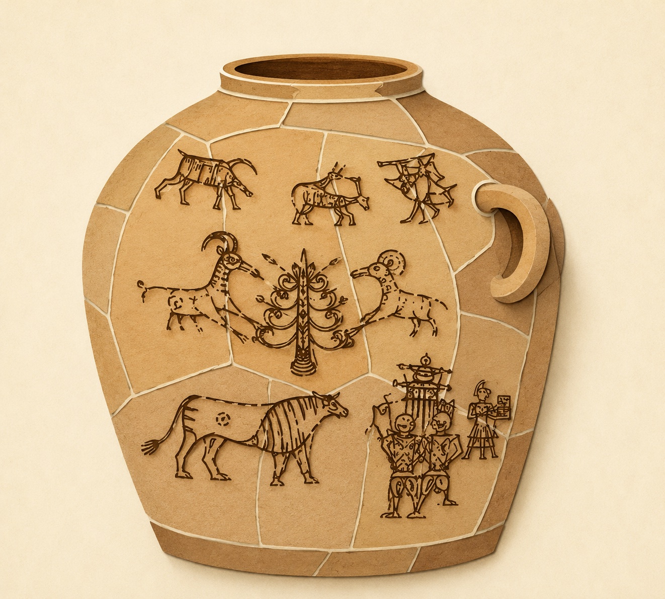 Stylized reconstruction of a large storage jar pieced together from sherds, painted with ink line drawings: a sacred tree flanked by two ibexes at center, a cow with her calf and archers above, a striding cow below, and two standing Bes-like figures with a smaller lyre player at lower right