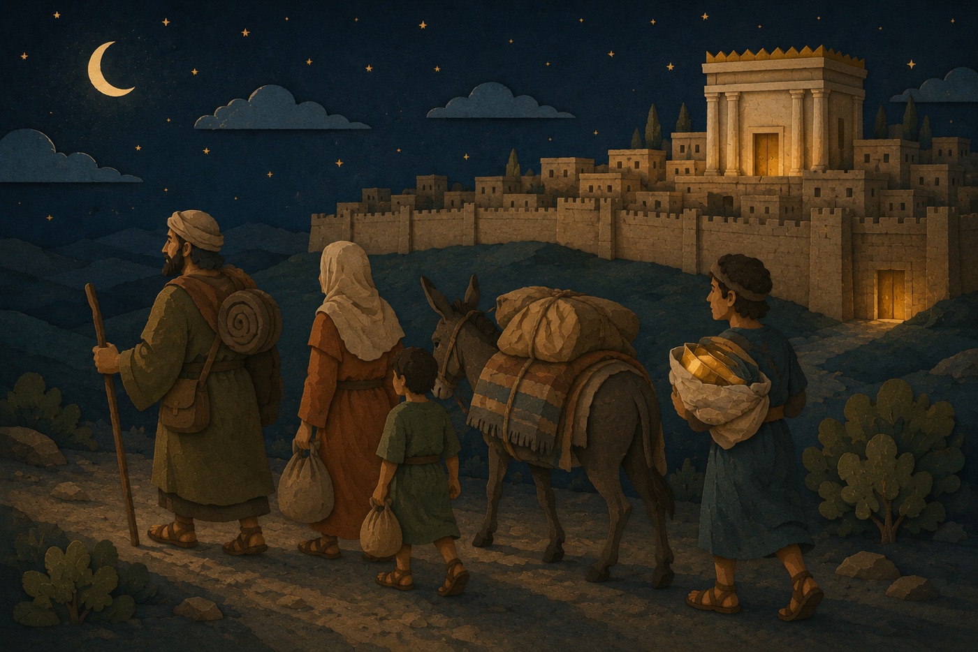 A family walking away from a walled temple-city on a hill by night with a laden pack-animal; a youth carries a bundle in which gold plates glint