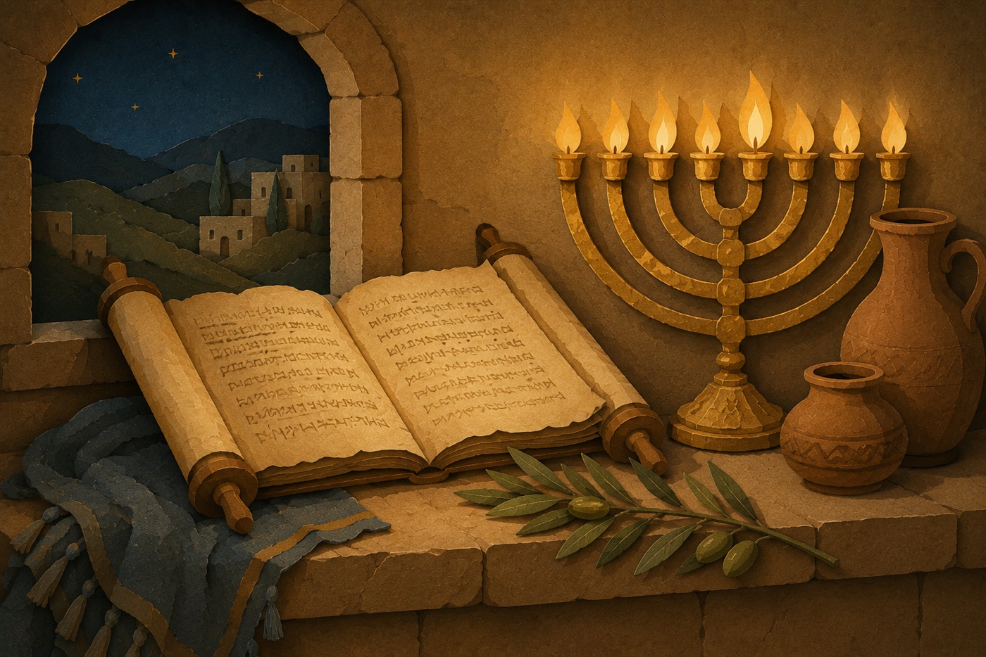 An open scroll resting on a stone ledge by an arched night window, beside a lit seven-branched menorah, an olive branch, and clay jars