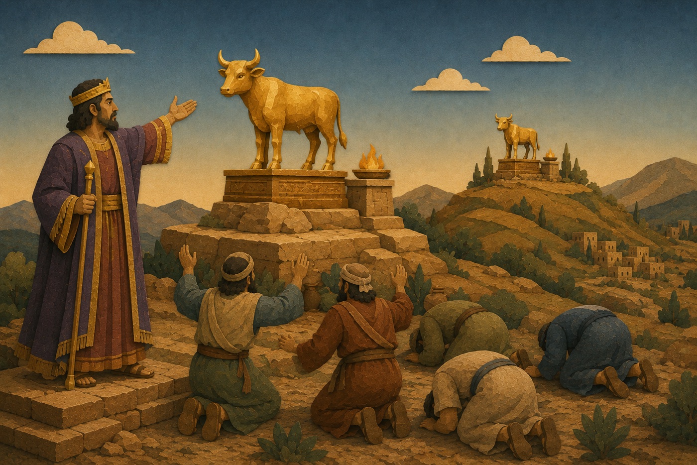 The Golden Calves — To keep his people from worshipping in Jerusalem, Jeroboam sets up golden calves at Dan and Bethel — “the sin of Jeroboam” that will measure every northern king.