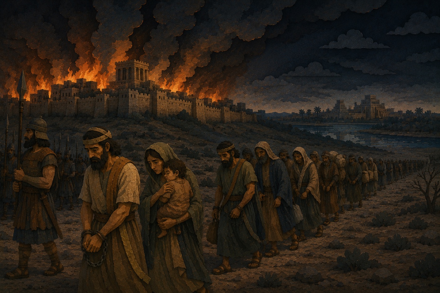 The Exile — In 586 BC Babylon burns Jerusalem and the temple, and leads Judah away captive. The fracture that began at Shechem ends in the long night of exile.