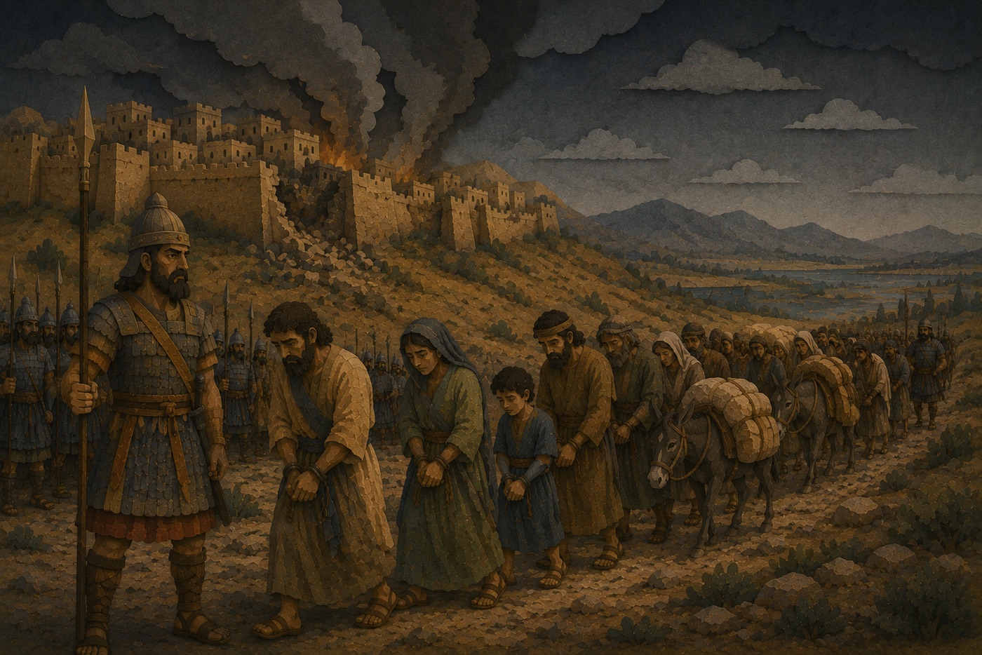 Samaria Falls — In 722 BC Assyria breaches Samaria and carries the ten tribes away. The northern kingdom is scattered into exile — and into legend as the “lost tribes.”