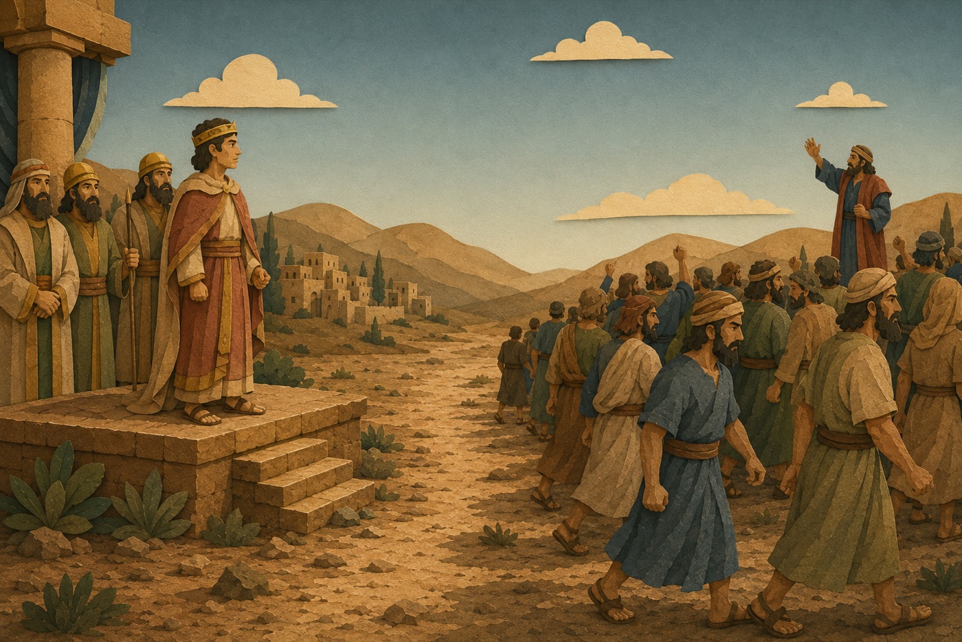 The Split — At Shechem the ten northern tribes reject Rehoboam's harsh answer and follow Jeroboam. The kingdom tears in two — Israel in the north, Judah in the south.