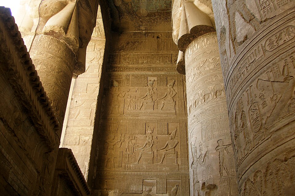Hieroglyphs and columns at Dendera