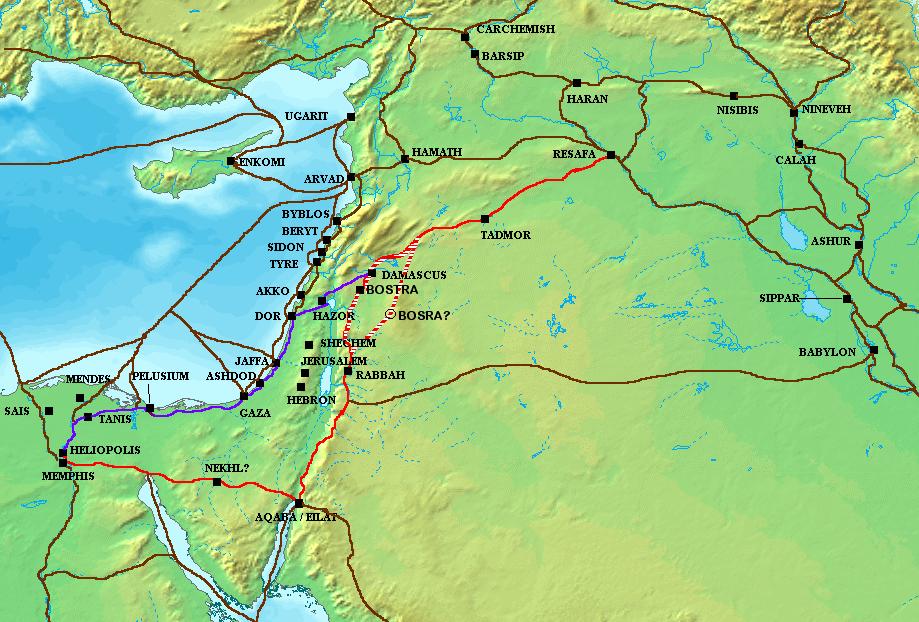 Ancient Levant trade routes showing the Via Maris and King's Highway, c. 1300 BC