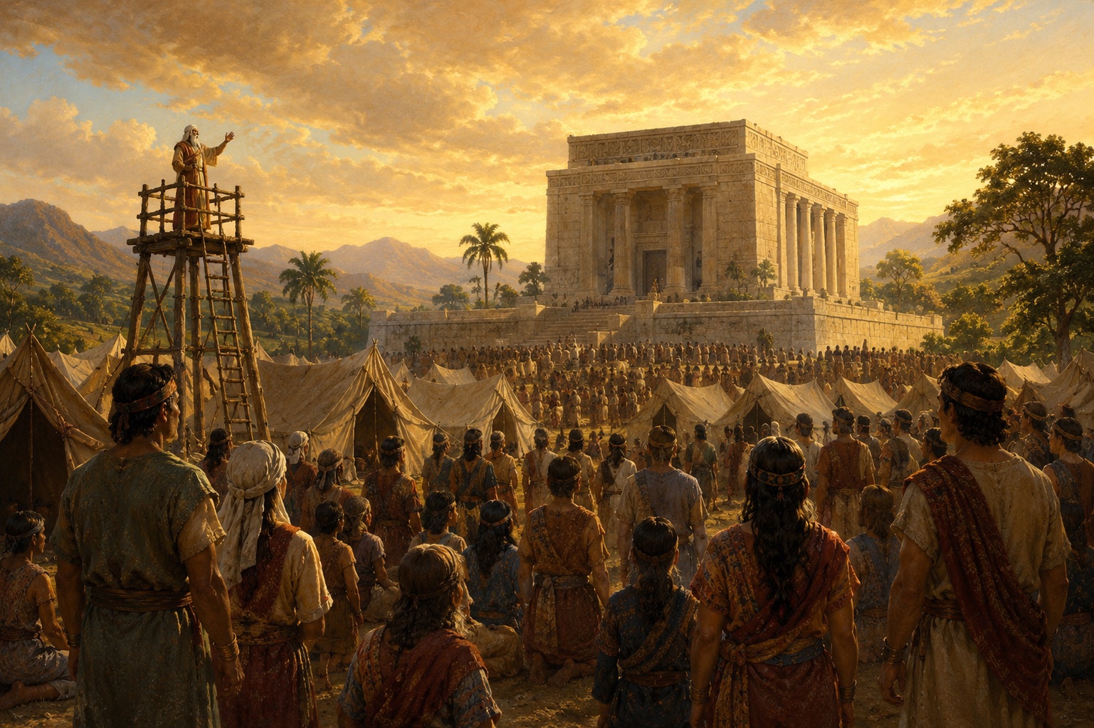 King Benjamin's people gathered to the Nephite temple — families in tents, the king on a tower, a columned stone temple rising in a New World landscape under a golden sky