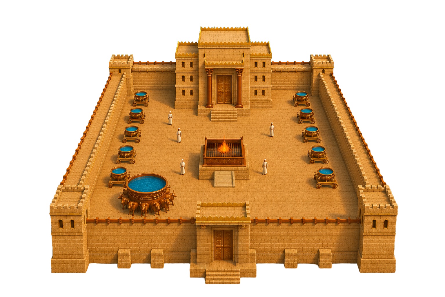 The temple courtyard from above — the front gate, the great bronze altar with its fire, the round molten sea on twelve oxen, the ranked wheeled lavers, and the gold-doored house between the pillars Jachin and Boaz.