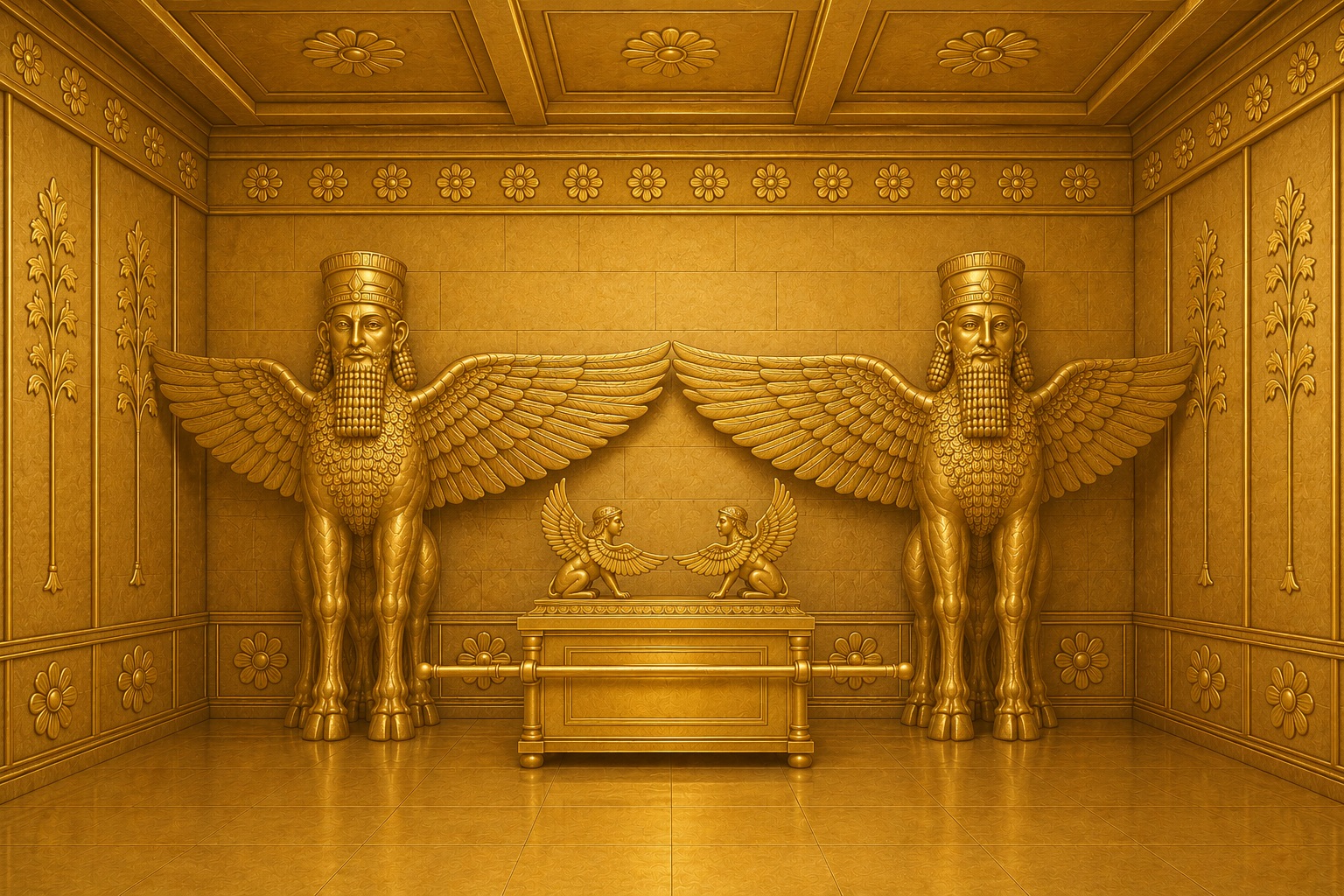 The Holy of Holies — the gold Ark of the Covenant on staves beneath two enormous winged guardian cherubim, the carved garden walls behind.