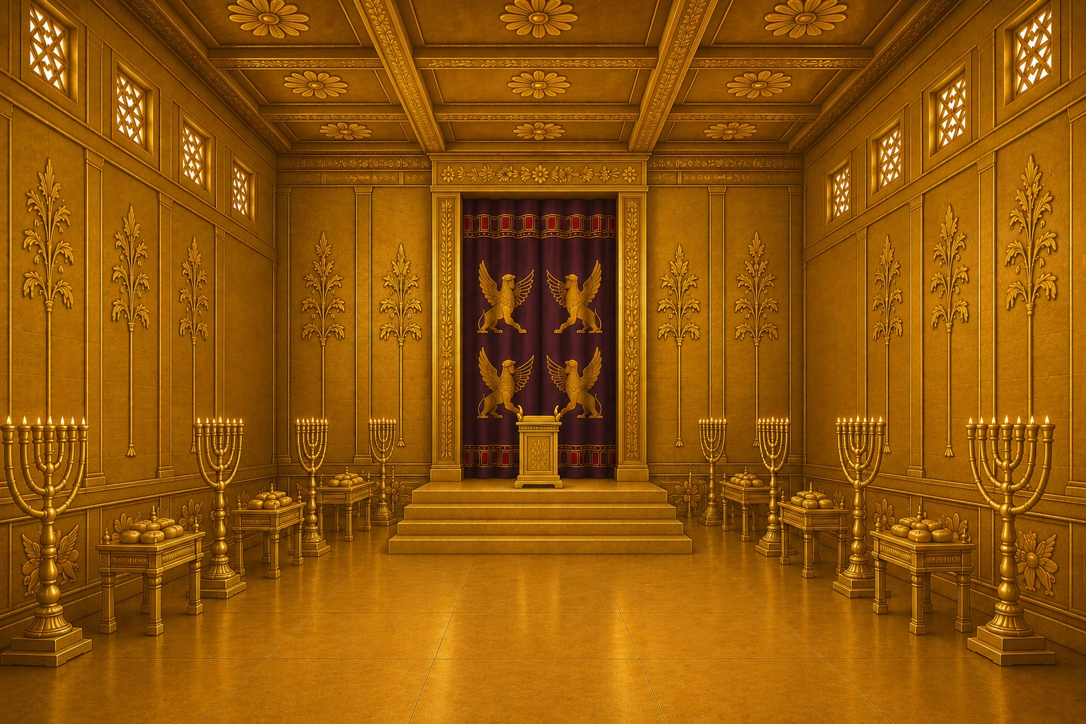 The Holy Place of Solomon's Temple — golden lampstands and tables of the bread of the Presence lining a gold-walled room, the altar of incense on the steps before the cherubim-woven veil.