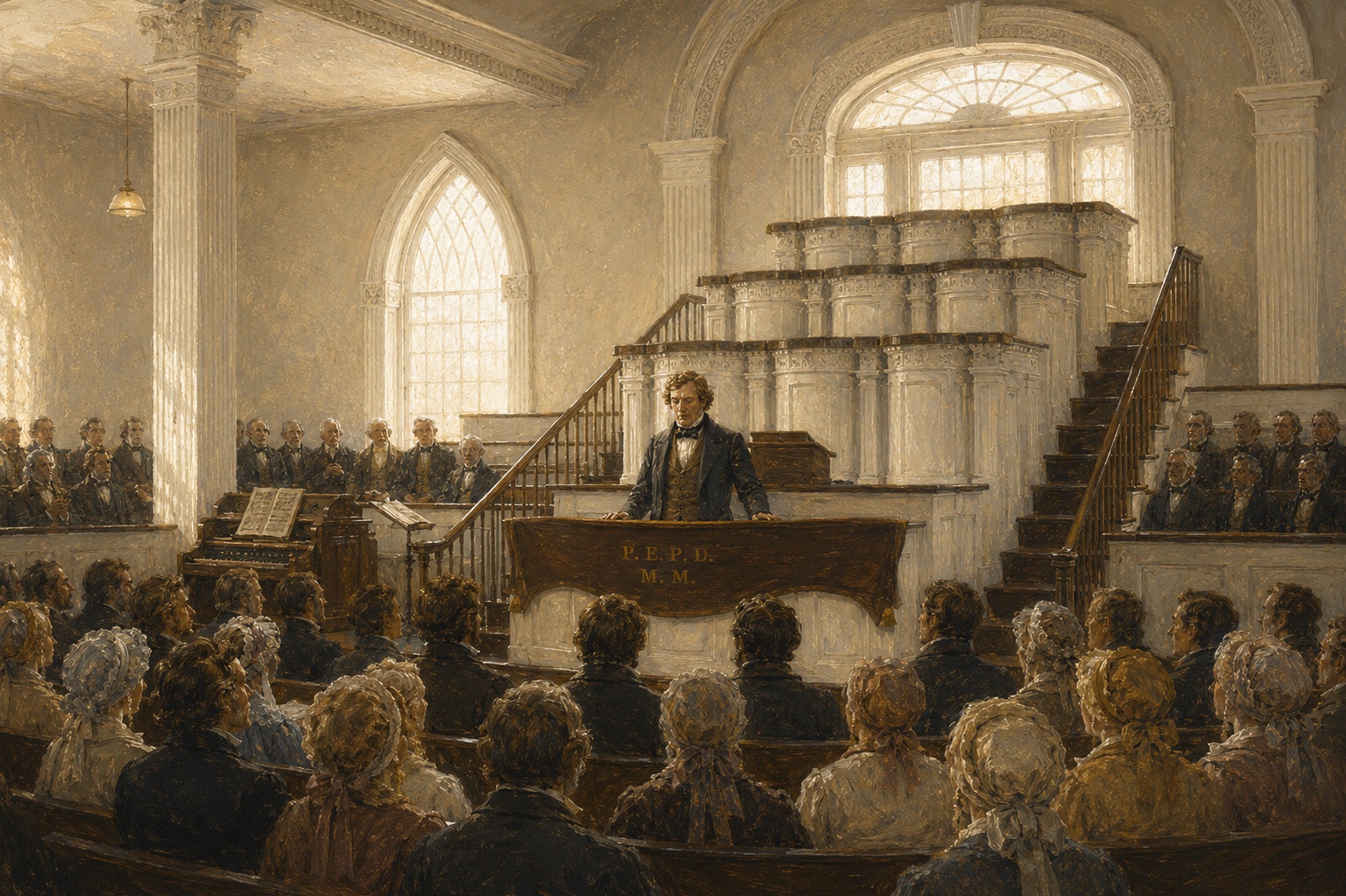 Joseph Smith standing at the central pulpit of the Kirtland Temple, offering the dedicatory prayer before a seated congregation, the tiered white priesthood pulpits and arched windows behind him