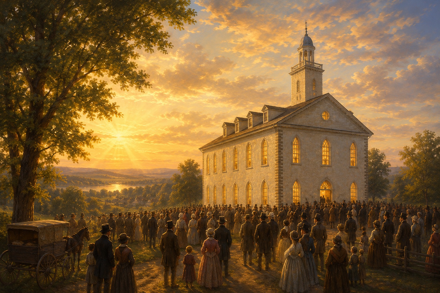 The Saints gathered outside the Kirtland Temple on its 1836 dedication day, the Gothic windows glowing, golden light breaking behind it