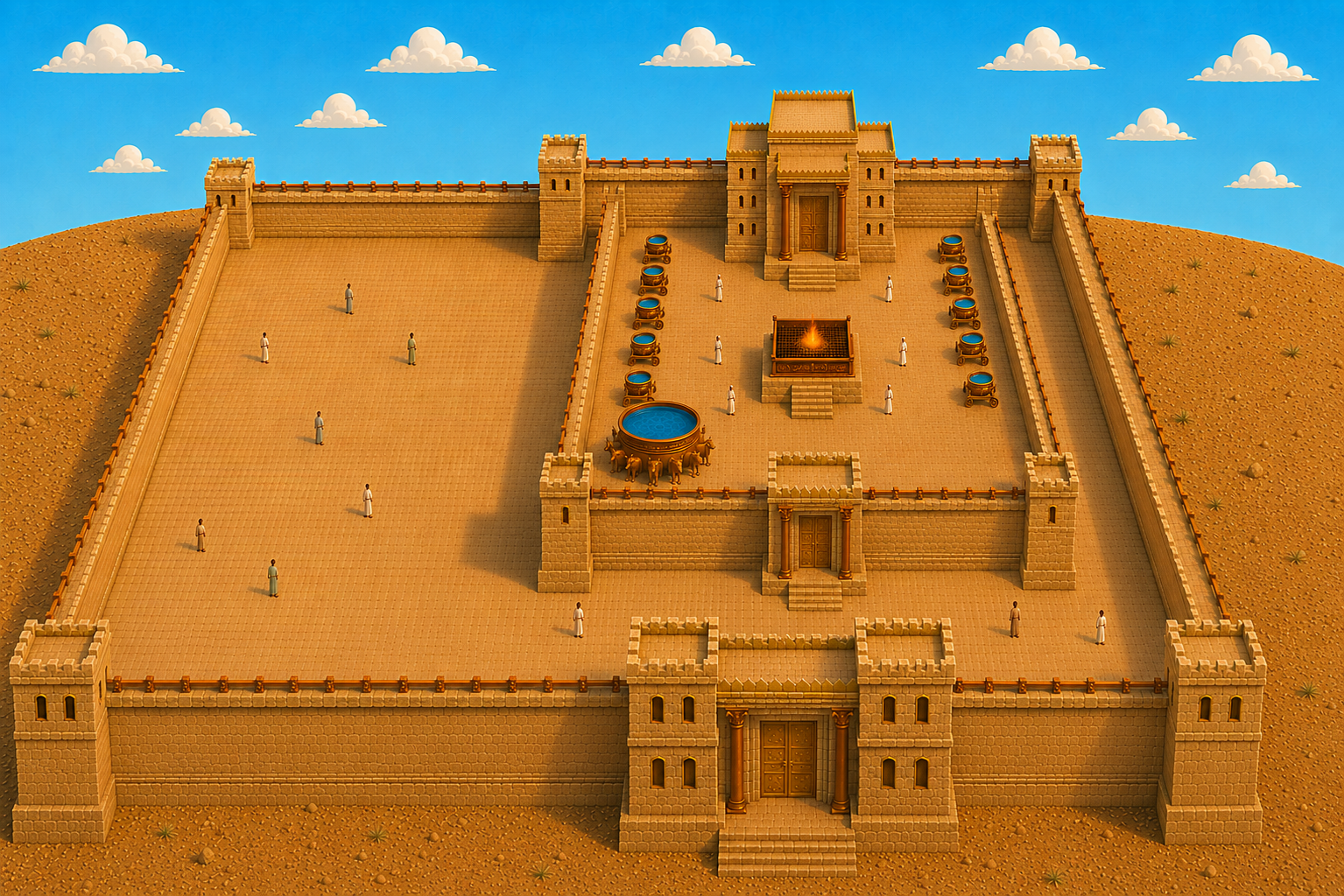 Aerial reconstruction of Solomon's Temple within its two walled courts