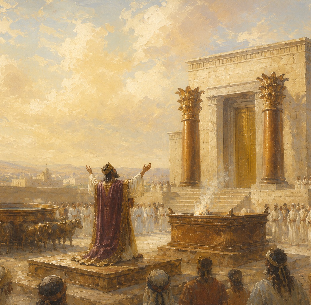 Solomon kneeling on a platform in the temple court, robed and crowned, his arms spread toward heaven in the dedicatory prayer; the temple with its two pillars, the bronze altar, and the molten sea around him