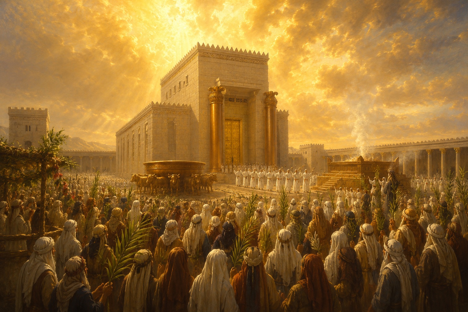 Israel gathered before Solomon's First Temple at the Feast of Tabernacles — people with palm branches, the molten sea and the altar in the court, the two bronze pillars at the gold doors, golden glory pouring from above