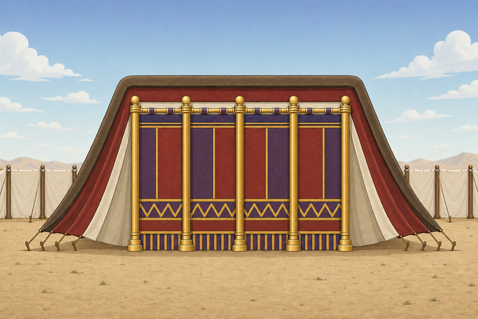 The exterior of the Tabernacle — the veiled entrance and gold-capped pillars of the tent-sanctuary