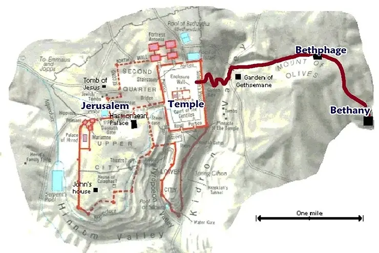 Map showing Holy Week journey from Bethany to Jerusalem