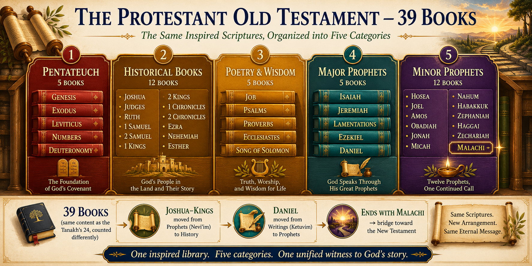 The Protestant Old Testament organized by category: Pentateuch, History, Poetry, Major Prophets, Minor Prophets