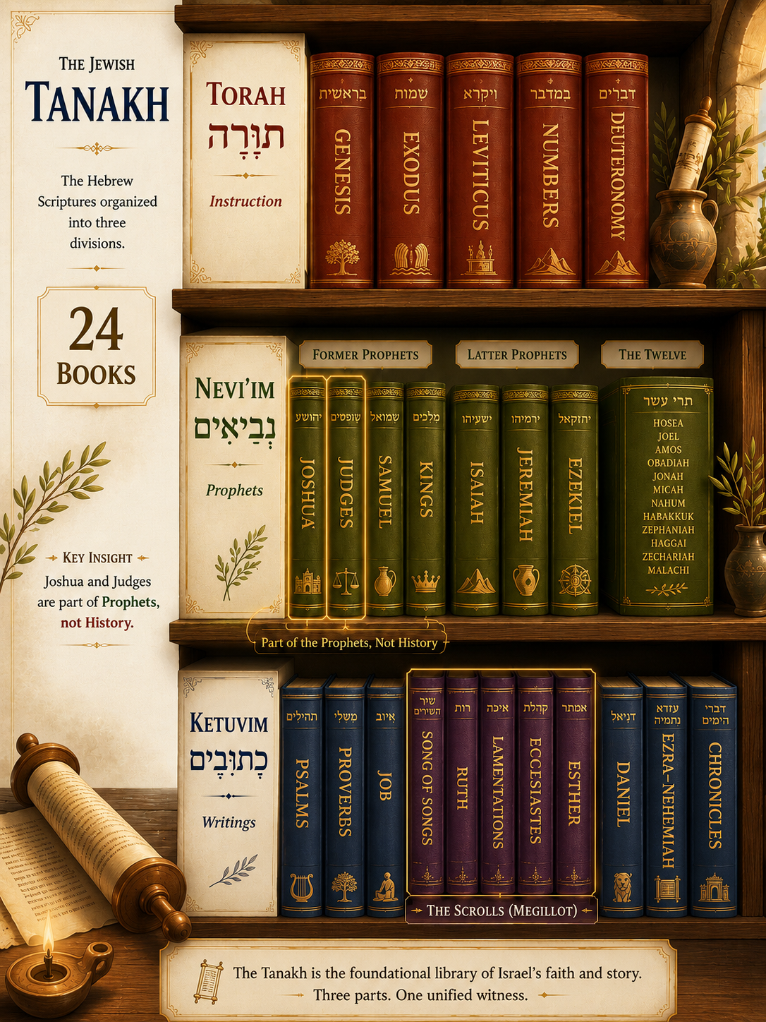 The Jewish Tanakh organized as a bookshelf showing Torah, Nevi'im, and Ketuvim