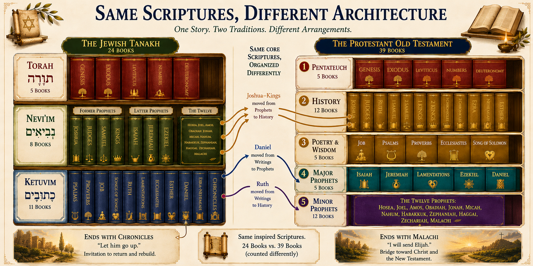 Same Scriptures, Different Architecture — The Jewish Tanakh and the Protestant Old Testament side by side