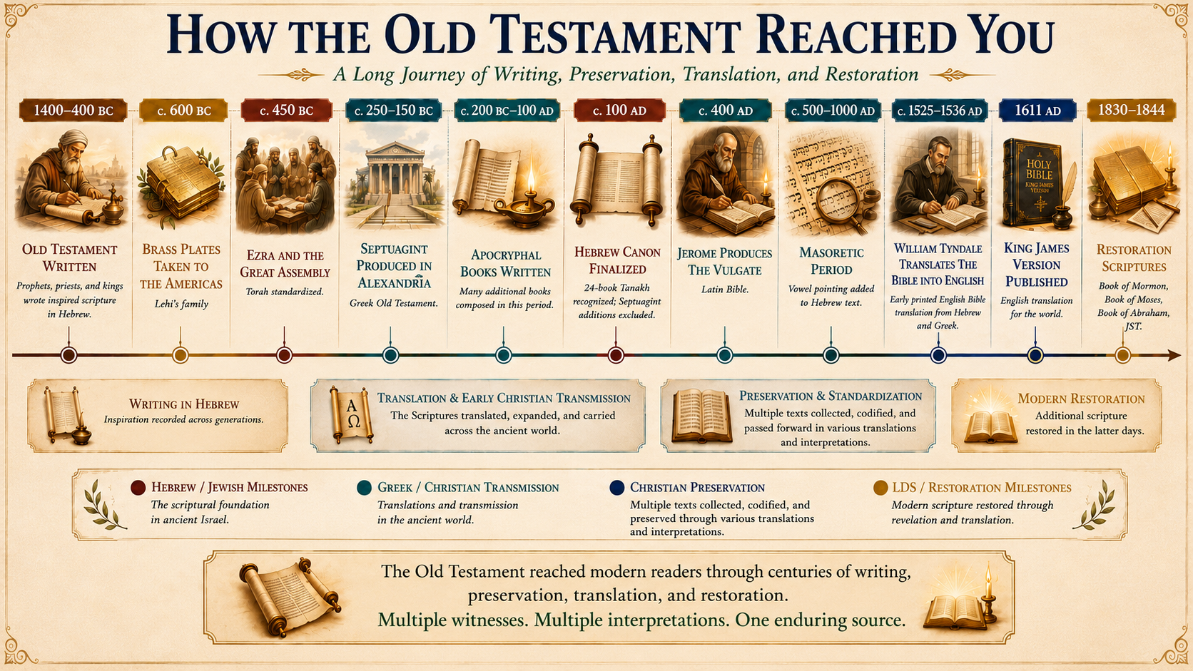 Timeline showing the writing, translation, and transmission of the Old Testament from 1400 BC to 1500 AD