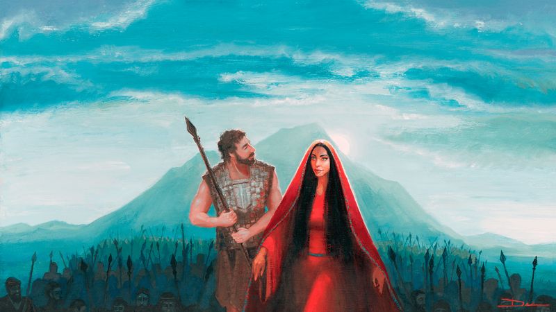 Gideon's three hundred with shofars and torches surrounding the Midianite camp