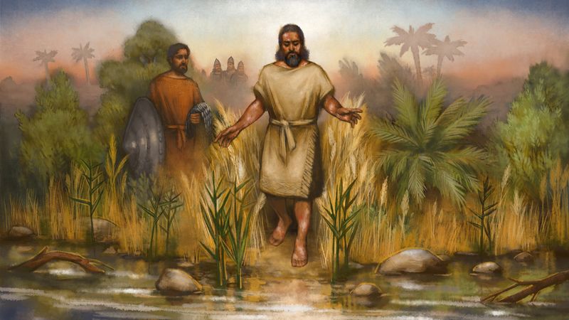 Elisha in a pale prophet's tunic walking at the edge of the Jordan among reeds and grain, a servant carrying a shield behind him, a temple rising in the misty distance.